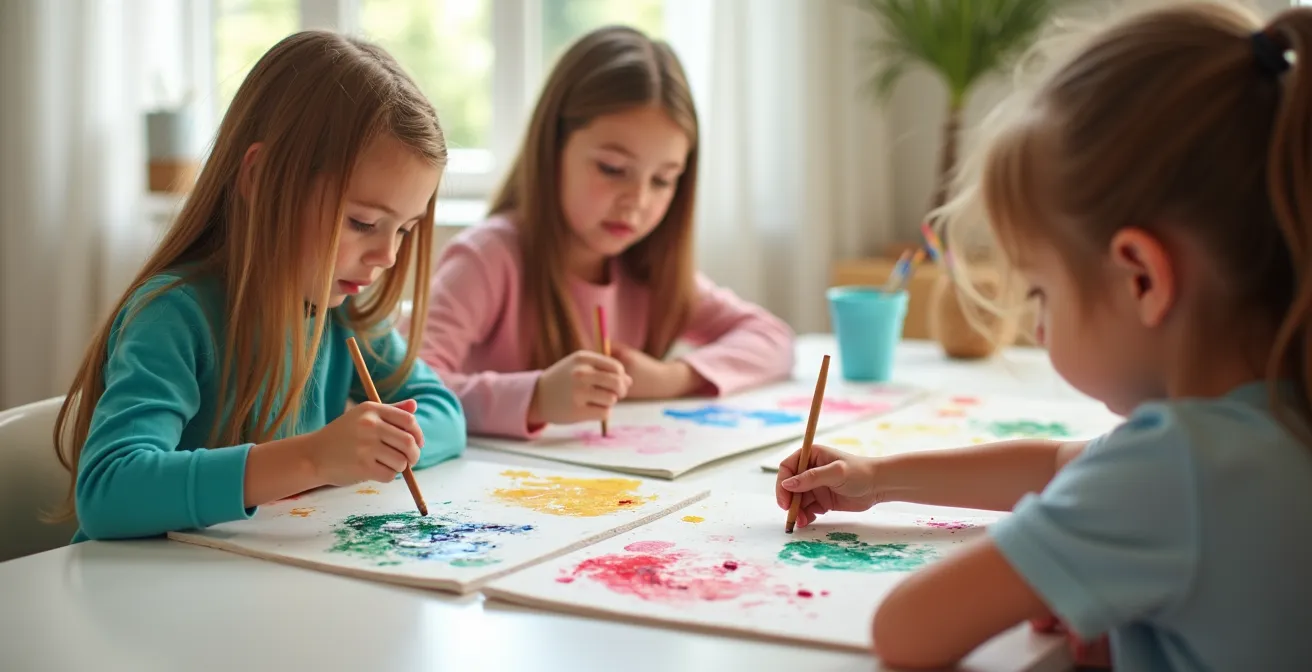 Nahaufnahme einer farbenfrohen Leinwand mit Fingerabdruck-Kunst als gemeinsames Erinnerungsstück einer Kinderparty