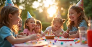 Ein strahlendes, natürliches und lebendiges Bild einer Kindergeburtstagsfeier im Freien mit lachenden Kindern, bunter, thematisch passender Dekoration und harmonischem, sauberem Hintergrund mit genügend Platz für Text oder andere grafische Elemente, ohne jegliche lesbare Texte oder Marken.