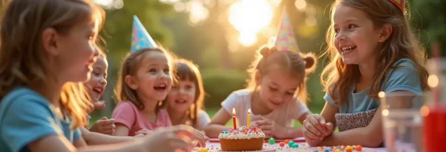 Ein strahlendes, natürliches und lebendiges Bild einer Kindergeburtstagsfeier im Freien mit lachenden Kindern, bunter, thematisch passender Dekoration und harmonischem, sauberem Hintergrund mit genügend Platz für Text oder andere grafische Elemente, ohne jegliche lesbare Texte oder Marken.