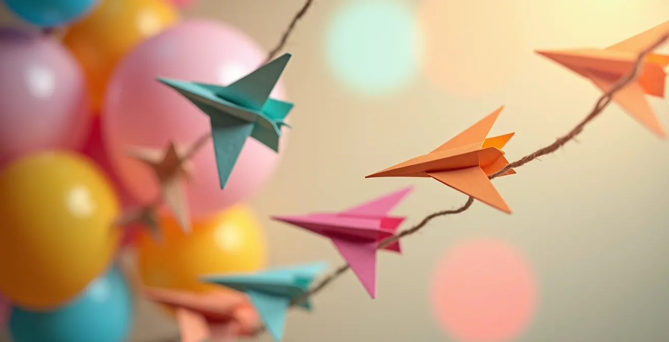 Detailaufnahme von bunten Papierfliegern und einer farbenfrohen Ballongirlande für eine kreative Kindergeburtstagsdekoration