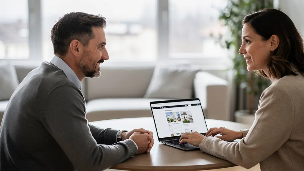 Beratungsgespräch zwischen Immobilienmakler und Kunde in Zürcher Wohnung