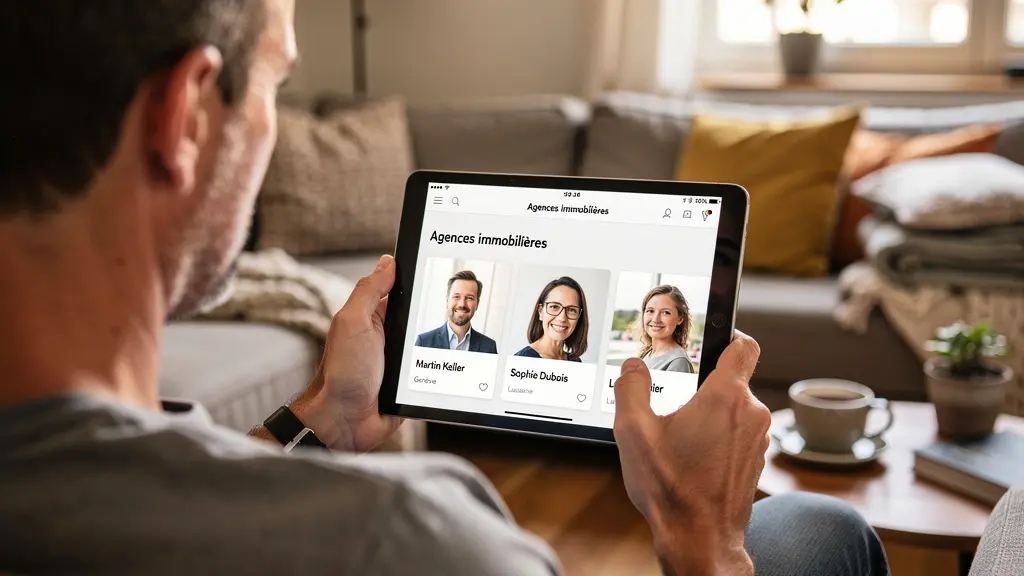 Schweizer Verkäufer vergleicht Immobilienmakler-Profile auf Tablet im Wohnzimmer
