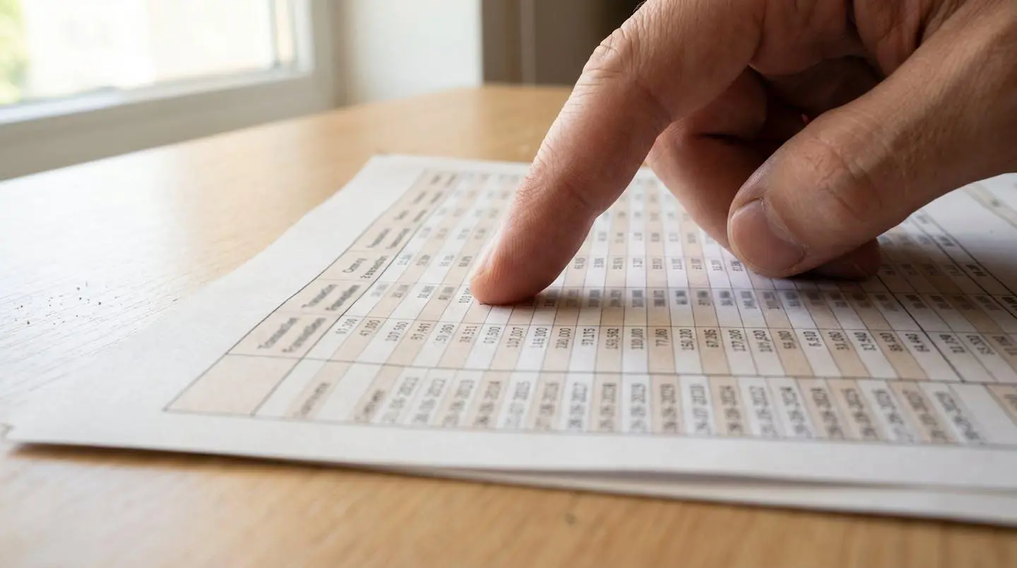 Nahaufnahme eines Fingers, der auf eine spezifische Datenzeile in einer gedruckten Vergleichstabelle mit Immobilientransaktionszahlen und Medianpreisen zeigt