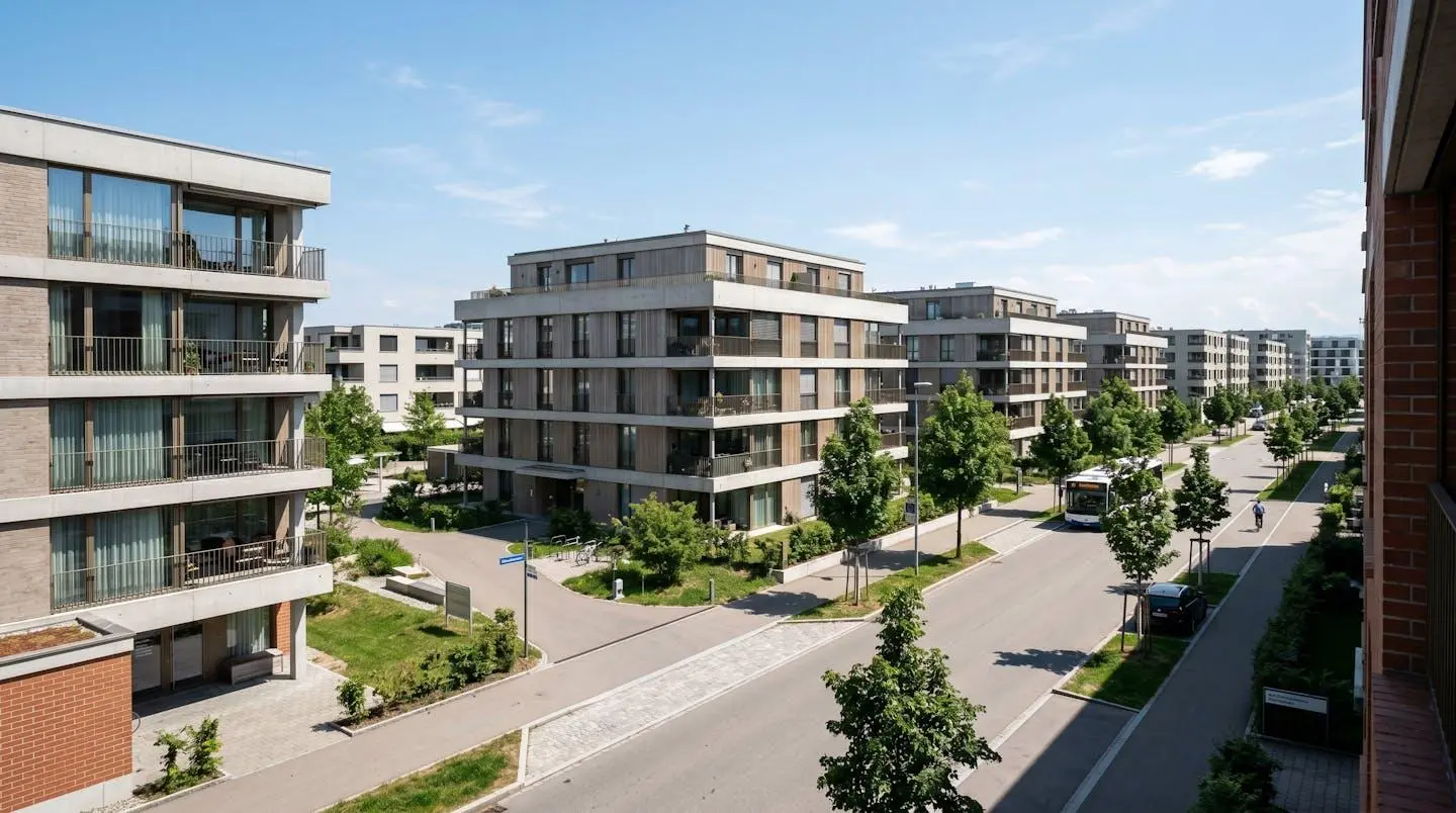 Weitwinkelansicht eines zeitgenössischen Wohnviertels in Zürich mit modernen Mehrfamilienhäusern und klarer Architektur bei hellem Tageslicht