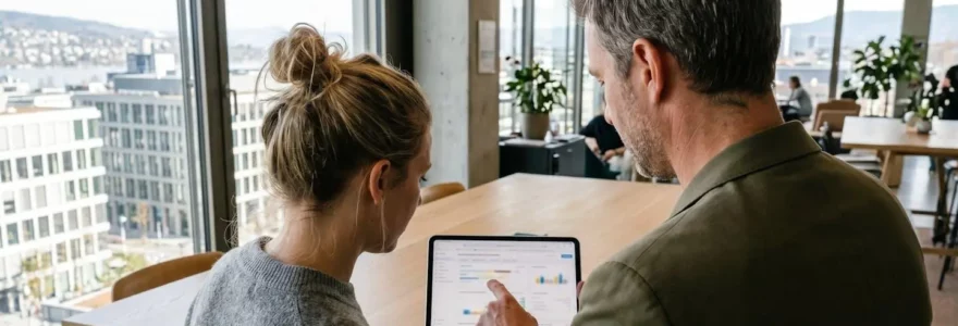 Zwei Personen in einem modernen Zürcher Büro betrachten konzentriert Immobiliendaten auf einem Tablet-Bildschirm, Ansicht über die Schulter