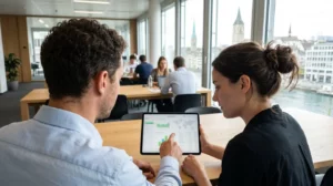 Zwei Personen in einem modernen Zürcher Büro betrachten konzentriert Immobiliendaten auf einem Tablet-Bildschirm, Ansicht über die Schulter