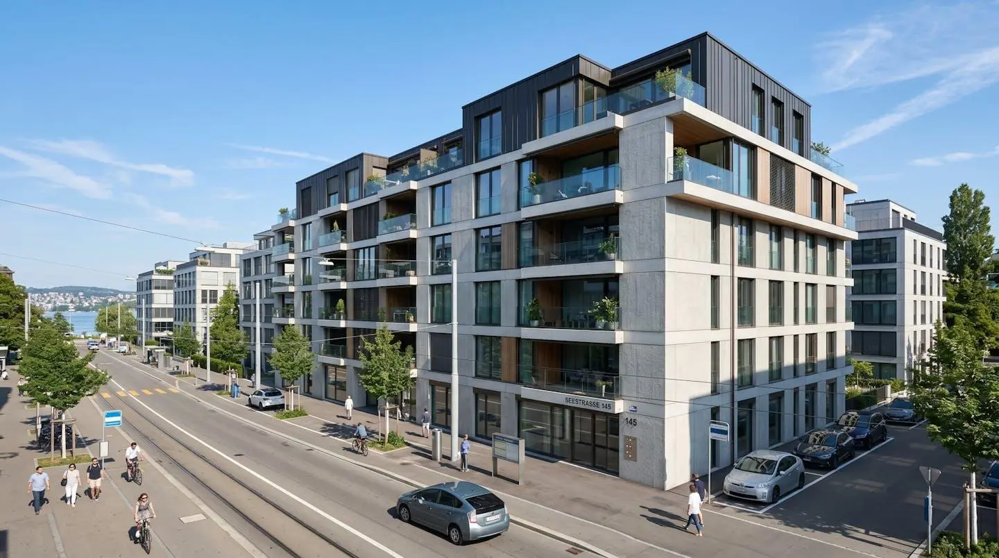 Fassade eines modernen Schweizer Wohngebäudes mit Balkonen in einem urbanen Quartier bei Tageslicht