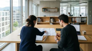 Ein Paar von hinten betrachtet bespricht Baupläne und Unterlagen auf einem modernen Bürotisch in heller Umgebung