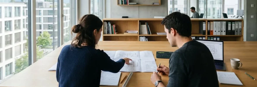 Ein Paar von hinten betrachtet bespricht Baupläne und Unterlagen auf einem modernen Bürotisch in heller Umgebung